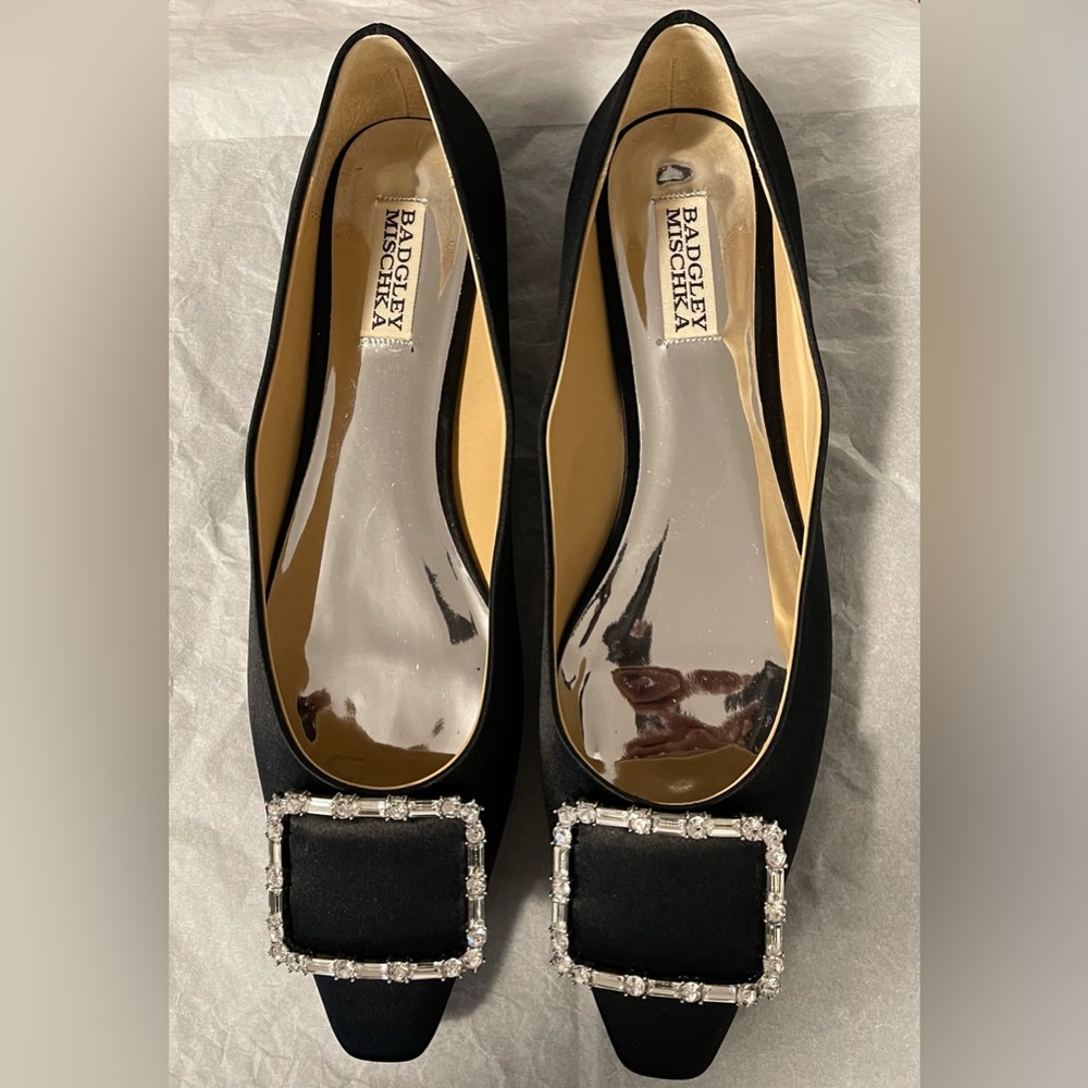 Badgley Mischka Satin Crystal Buckle Flats